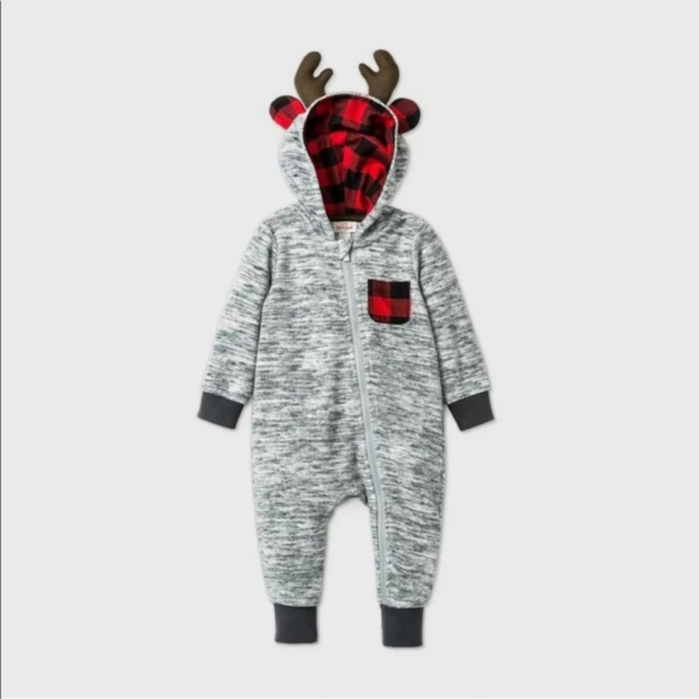 EUC Cat & Jack Reindeer Romper - Heather Gray - 0-3 Months